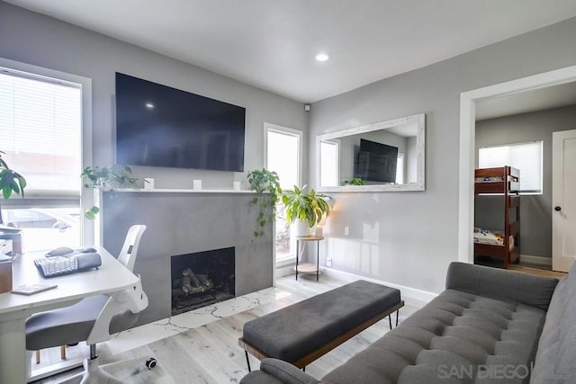 living room with wood-type flooring and a high end fireplace