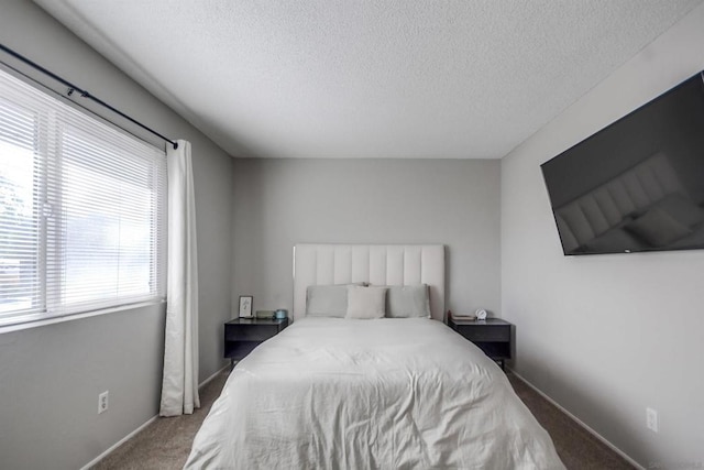 bedroom with a textured ceiling and carpet floors