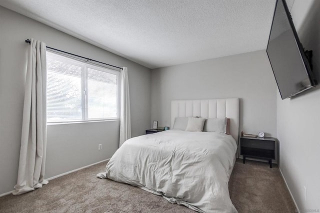 bedroom with carpet floors and a textured ceiling