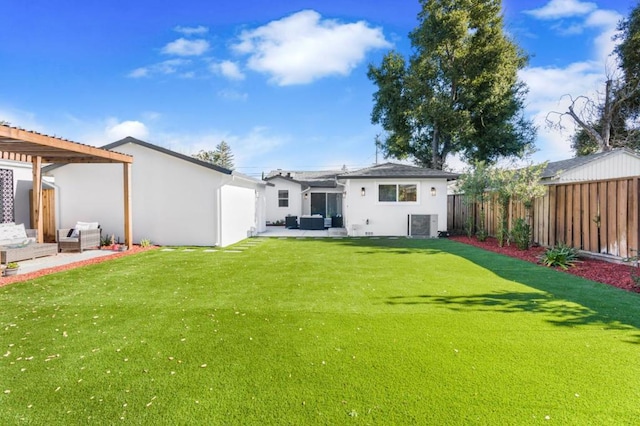 back of property featuring an outdoor hangout area, a pergola, a patio area, and a lawn