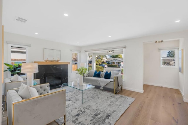 living room featuring plenty of natural light, a fireplace, and light wood-type flooring