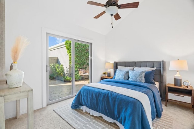 bedroom featuring ceiling fan, access to exterior, high vaulted ceiling, and carpet floors