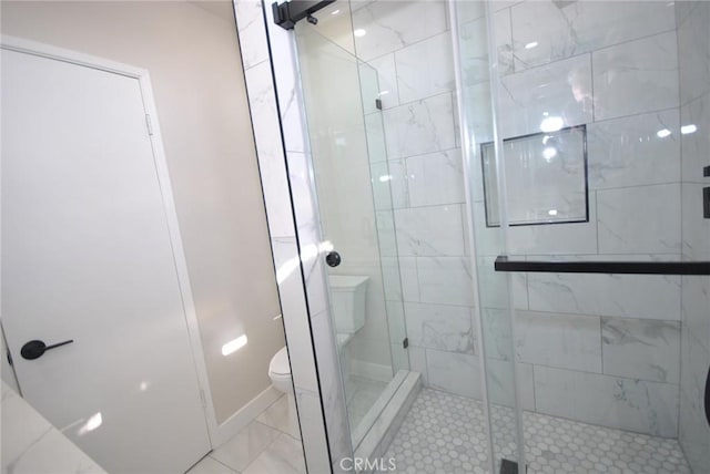 bathroom with toilet, an enclosed shower, and tile patterned floors