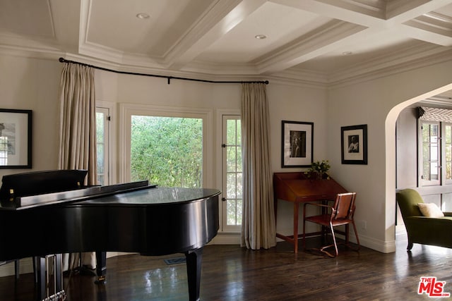 sitting room featuring beamed ceiling, coffered ceiling, dark wood-type flooring, and crown molding