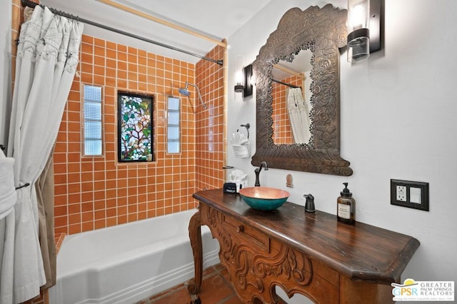 bathroom with vanity and shower / bathtub combination with curtain