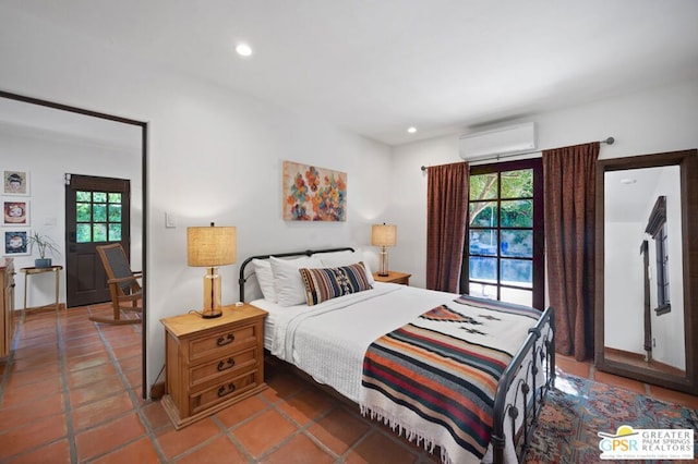 tiled bedroom with multiple windows and a wall mounted AC