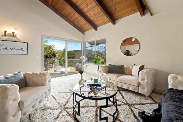 carpeted living room featuring wooden ceiling, beam ceiling, and high vaulted ceiling