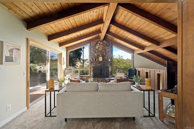 living room with a fireplace, wooden ceiling, light carpet, and vaulted ceiling with beams