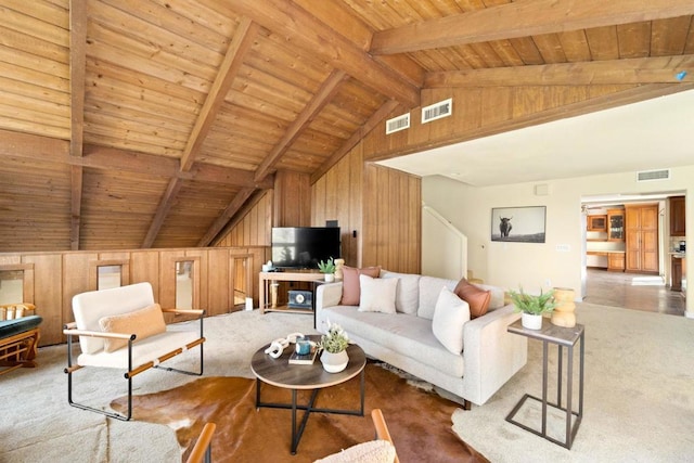 carpeted living room featuring wood walls, wooden ceiling, and lofted ceiling with beams