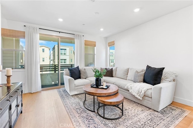 living room featuring light wood-type flooring and a wealth of natural light