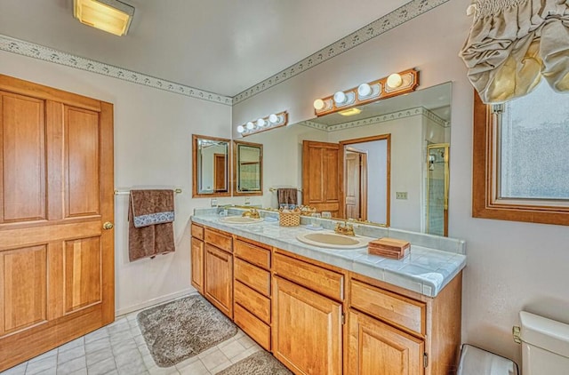 bathroom with vanity, toilet, and a shower with shower door