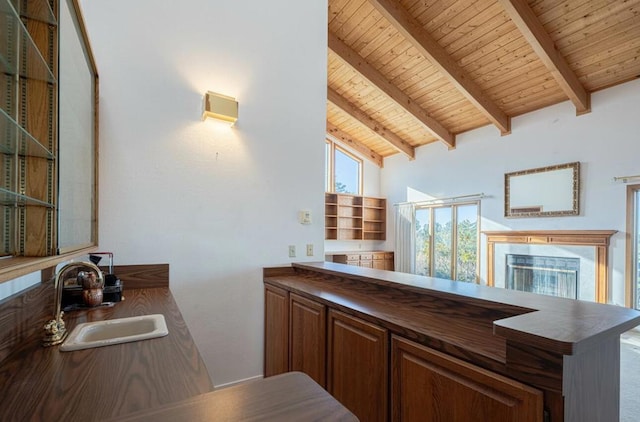 kitchen featuring sink, kitchen peninsula, wooden ceiling, and lofted ceiling with beams