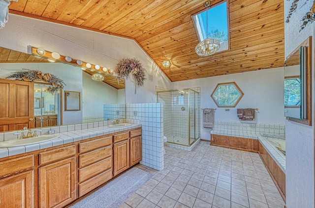 bathroom with separate shower and tub, tile patterned floors, wooden ceiling, vaulted ceiling with skylight, and vanity