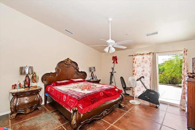 bedroom with ceiling fan, access to exterior, and tile patterned flooring