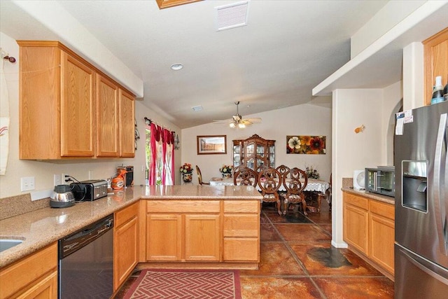 kitchen featuring dishwasher, stainless steel fridge, kitchen peninsula, vaulted ceiling, and ceiling fan