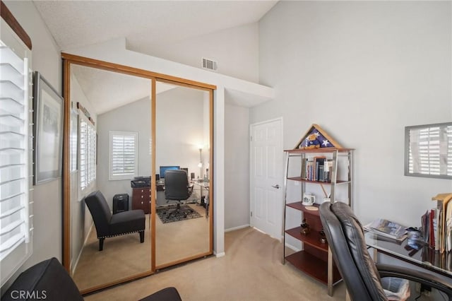 carpeted office space with vaulted ceiling