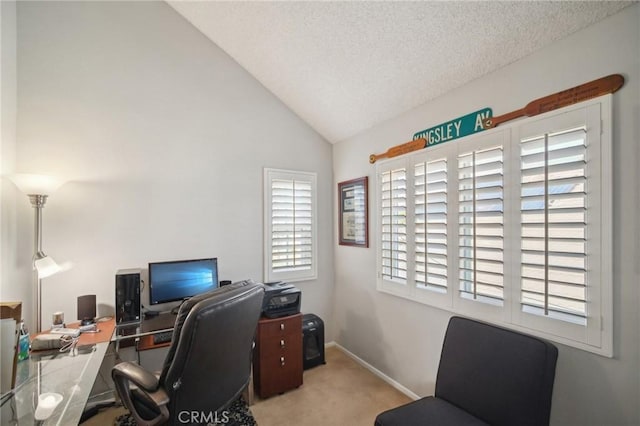 carpeted office space with a textured ceiling and lofted ceiling