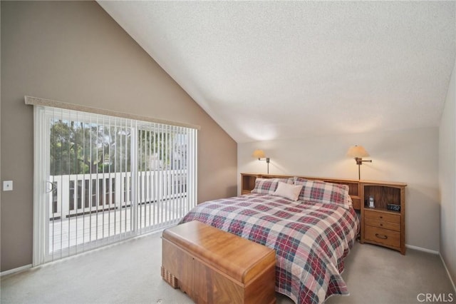 bedroom featuring light colored carpet, access to outside, and lofted ceiling