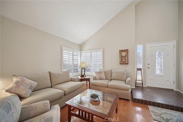 living room featuring high vaulted ceiling and hardwood / wood-style flooring