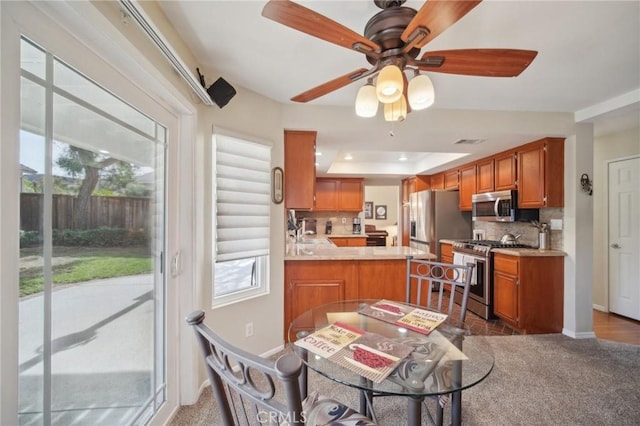 kitchen with kitchen peninsula, a raised ceiling, sink, decorative backsplash, and stainless steel appliances