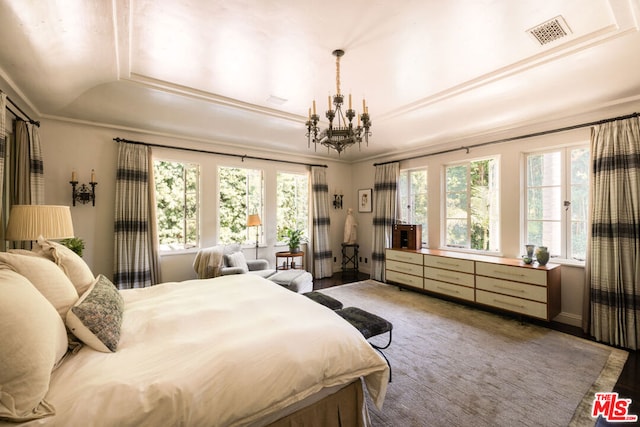 bedroom with a raised ceiling and a chandelier