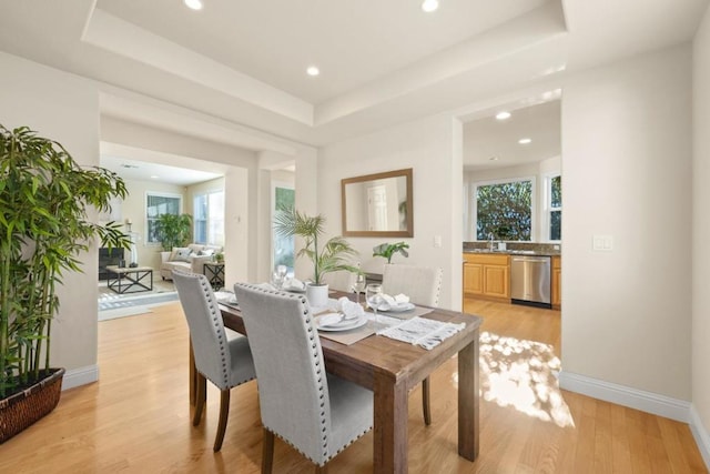 dining room featuring a healthy amount of sunlight, a raised ceiling, and light hardwood / wood-style floors