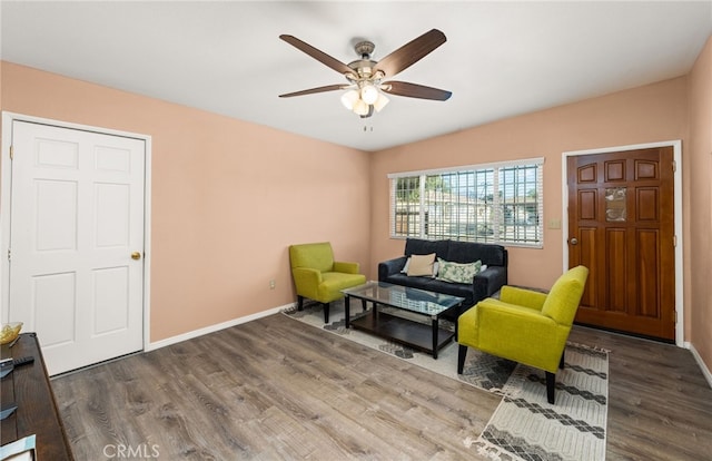 living area with ceiling fan and wood-type flooring