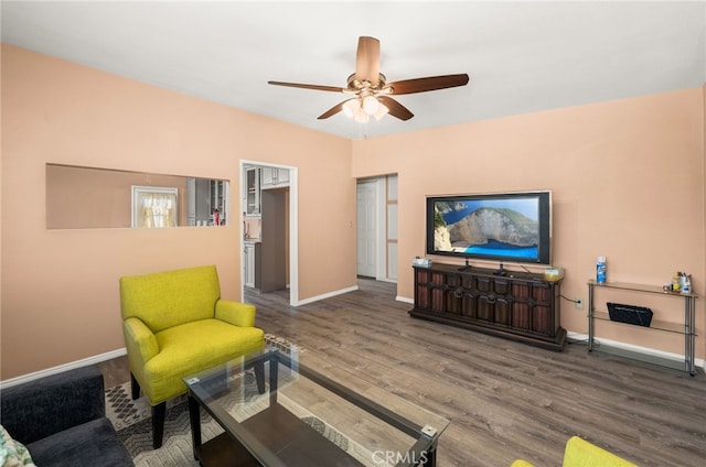 living room featuring ceiling fan and wood-type flooring