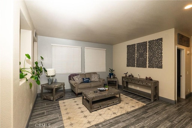 living room with dark hardwood / wood-style flooring