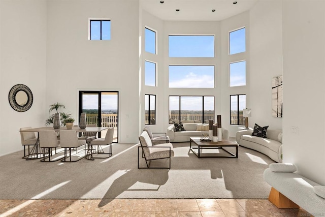 living room with a towering ceiling