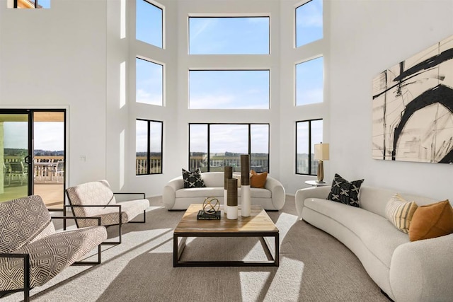 living room featuring light colored carpet and a high ceiling