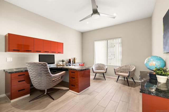 office area featuring ceiling fan and light wood-type flooring