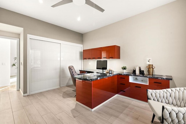 home office featuring ceiling fan and light wood-type flooring