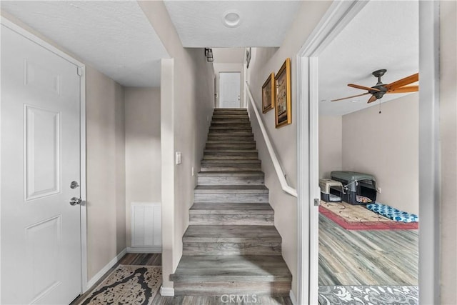 staircase with hardwood / wood-style flooring and ceiling fan