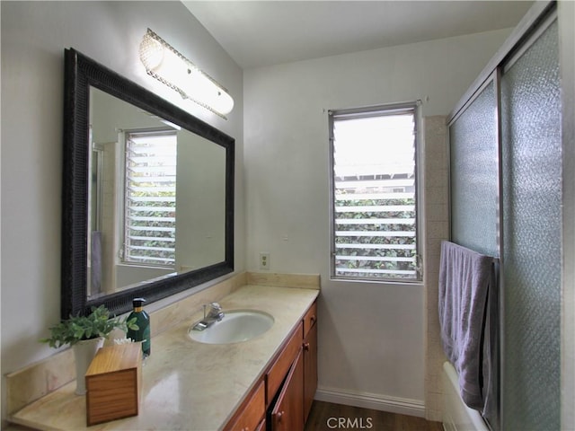 bathroom with vanity, plenty of natural light, and wood-type flooring