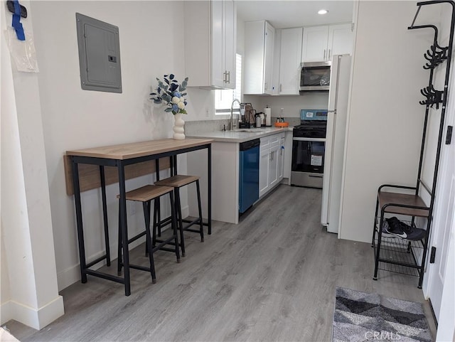 kitchen featuring sink, stainless steel appliances, white cabinets, and electric panel