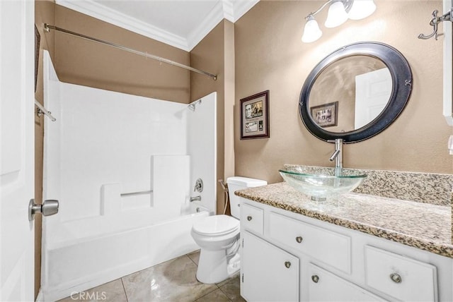 full bathroom with tub / shower combination, toilet, vanity, and ornamental molding