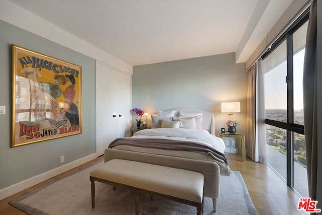 bedroom featuring a closet, access to outside, and light wood-type flooring