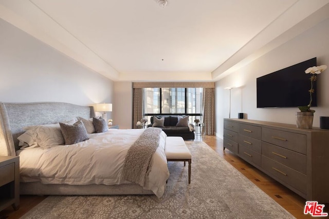 bedroom with light hardwood / wood-style flooring and a raised ceiling