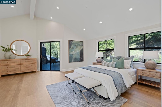 bedroom with light hardwood / wood-style flooring, beam ceiling, access to outside, and high vaulted ceiling