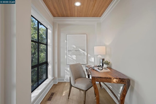 office area with light hardwood / wood-style floors and wooden ceiling