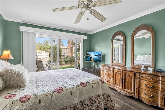 bedroom with ornamental molding, dark hardwood / wood-style flooring, ceiling fan, and access to outside