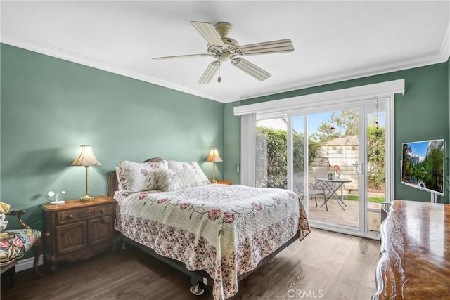 bedroom featuring access to exterior, ceiling fan, crown molding, and hardwood / wood-style flooring