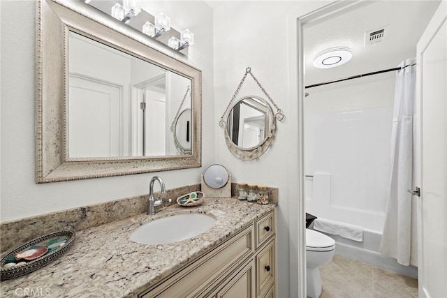 full bathroom with tile patterned flooring, vanity, shower / bath combination with curtain, and toilet