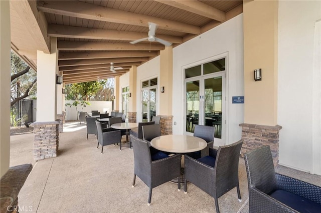 view of patio with french doors, ceiling fan, and an outdoor hangout area