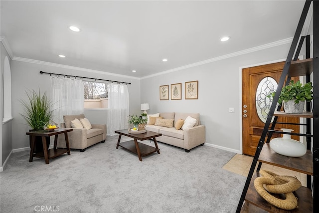 living room featuring ornamental molding and light colored carpet