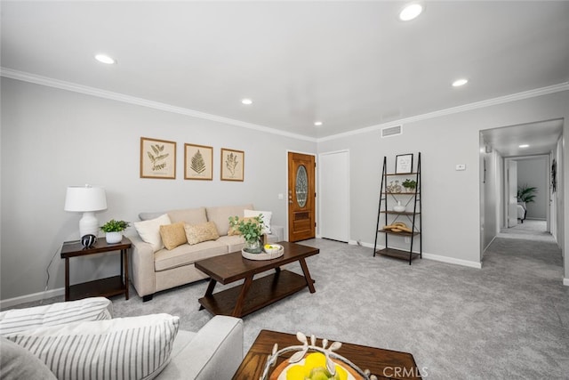 living room featuring light carpet and ornamental molding