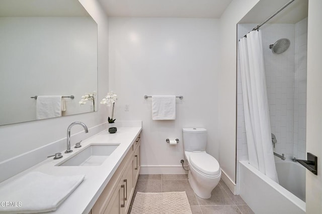 full bathroom featuring shower / bath combo, tile patterned floors, vanity, and toilet