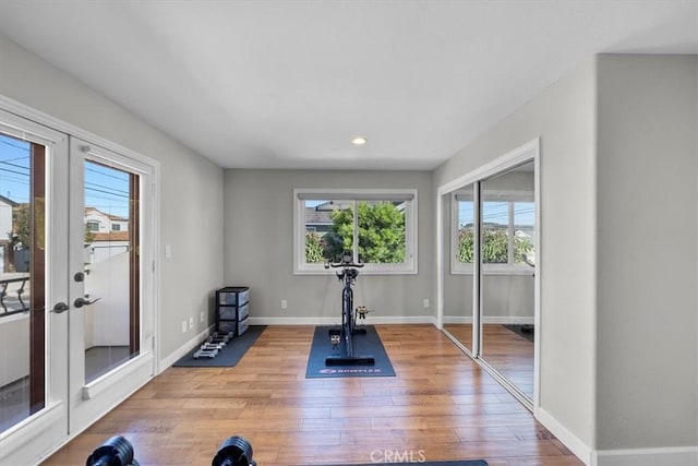 exercise area featuring hardwood / wood-style flooring and french doors