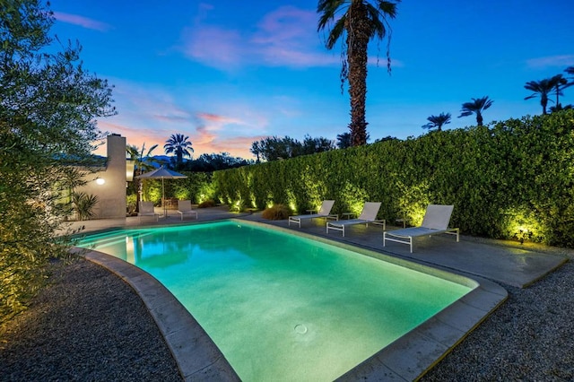 pool at dusk featuring a patio area